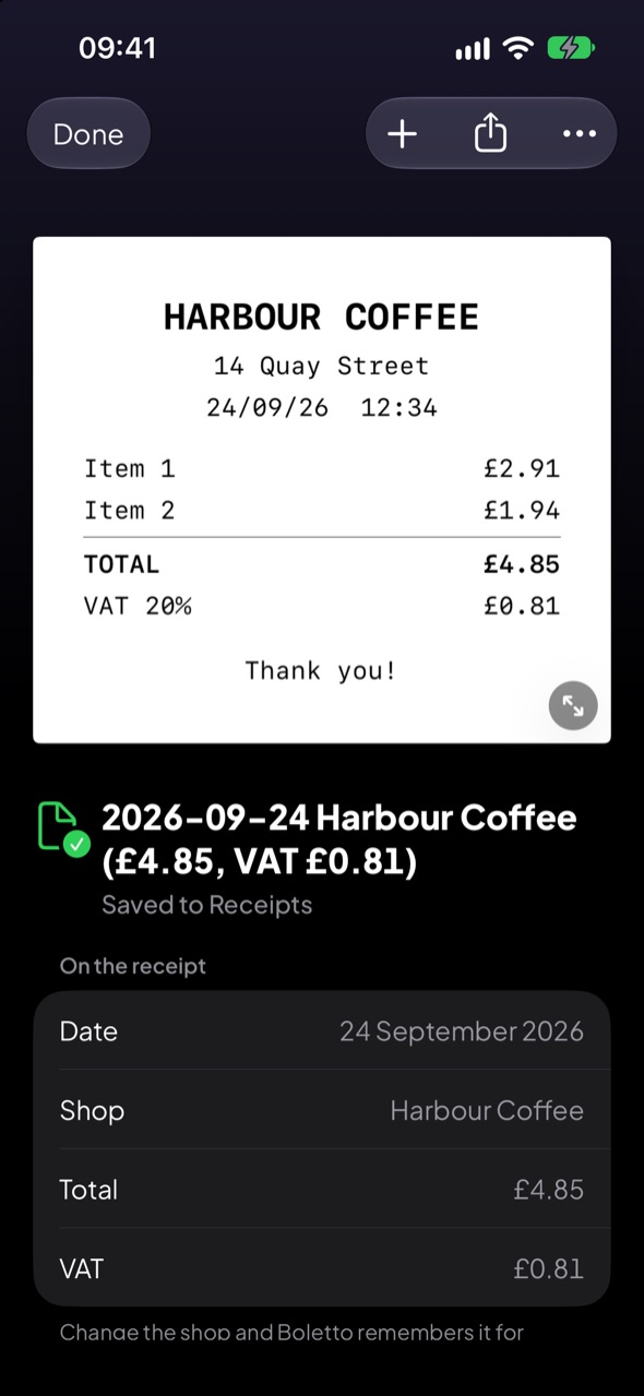 Boletto showing a scanned Harbour Coffee receipt, saved to the Receipts folder.