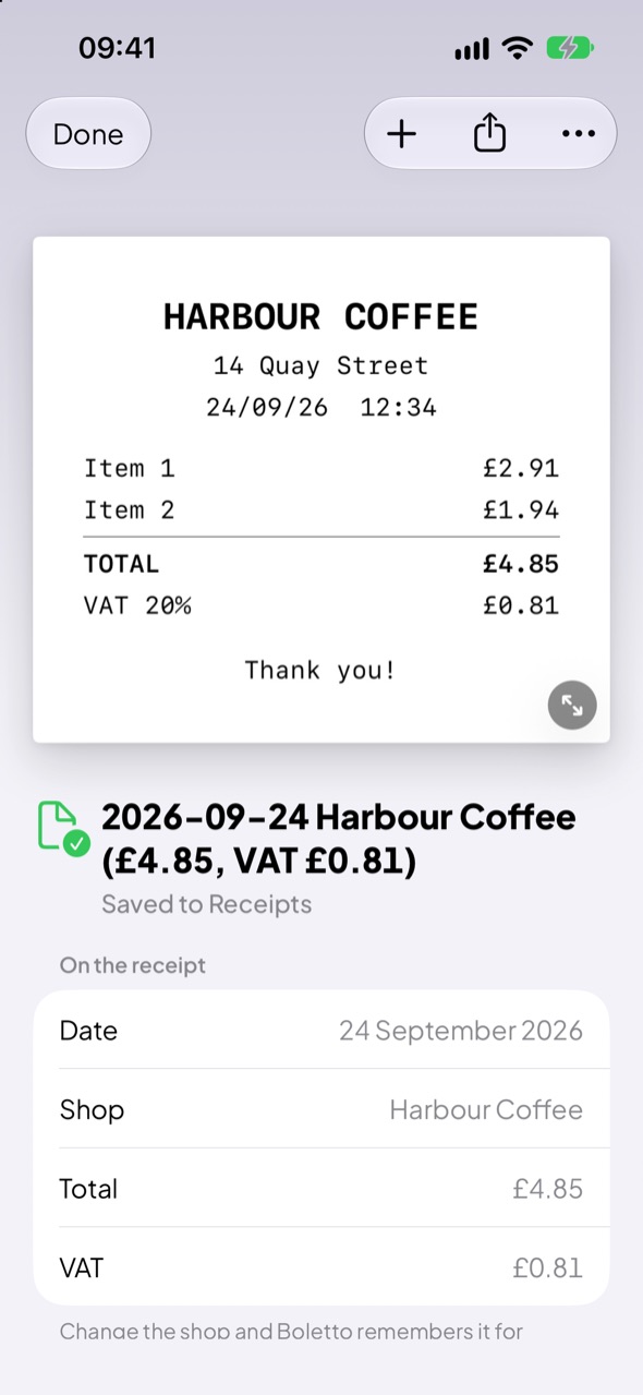 Boletto showing a scanned Harbour Coffee receipt, saved to the Receipts folder.
